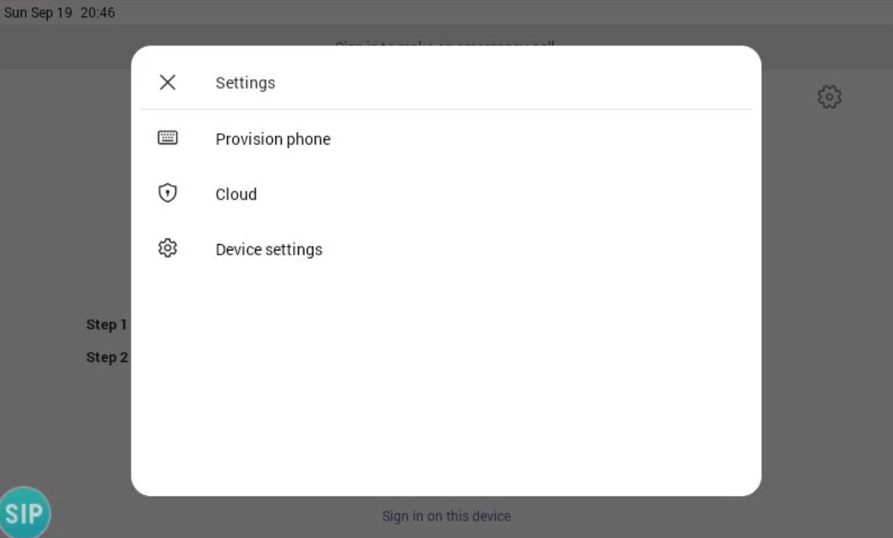 The Settings UI on the Teams phone sign-in page., with the option to Provision device
