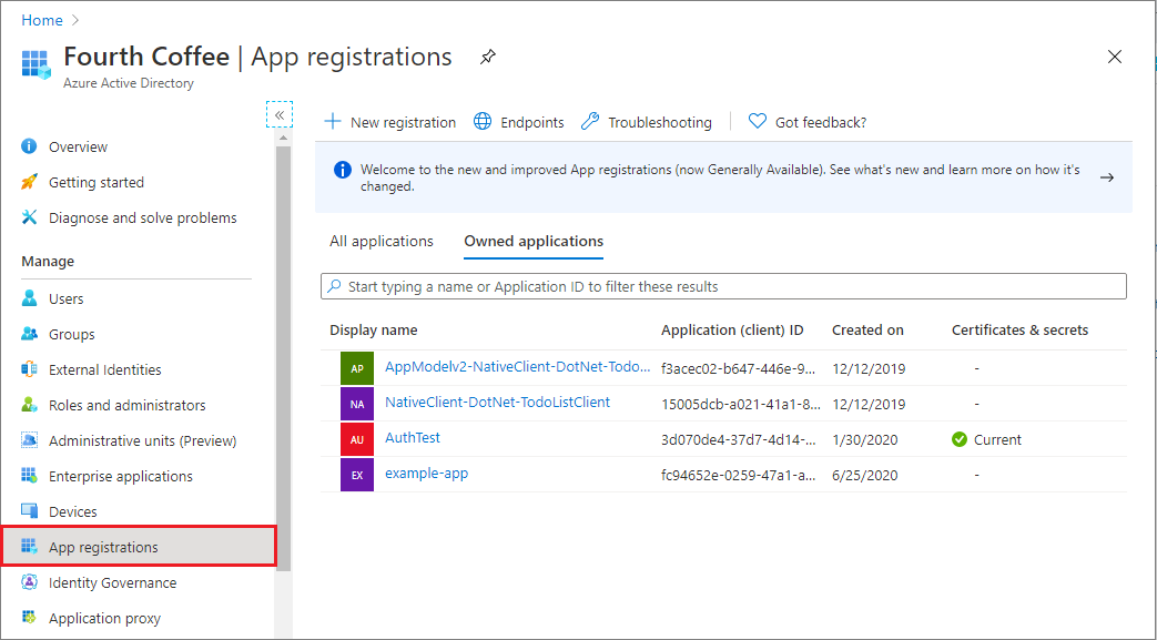 App registrations blade