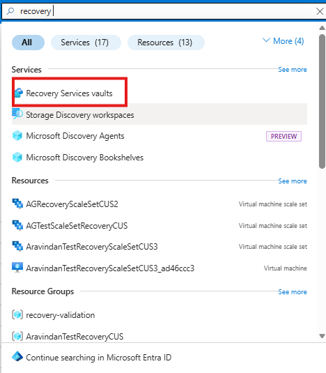 Screenshot that shows how to open the Recovery Services vaults pane in the Azure portal.