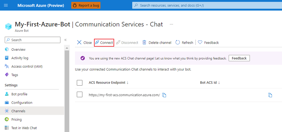 Screenshot that shows how to connect a Communication Service resource to the bot.