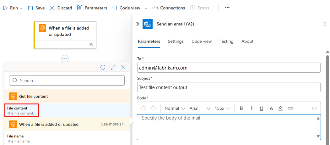 Screenshot shows workflow designer with Send an email action dynamic content list opened with Get file content selected.