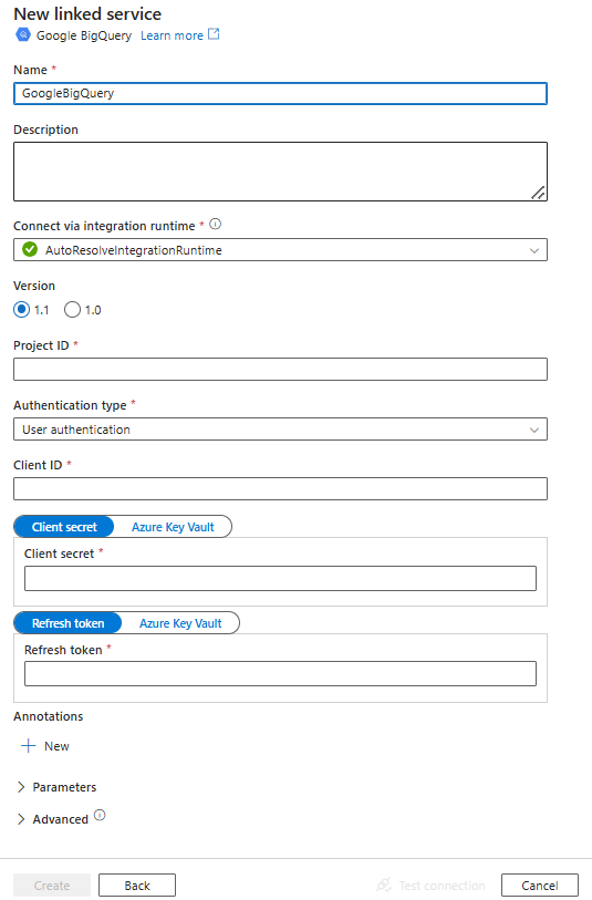 Screenshot of linked service configuration for Google BigQuery.