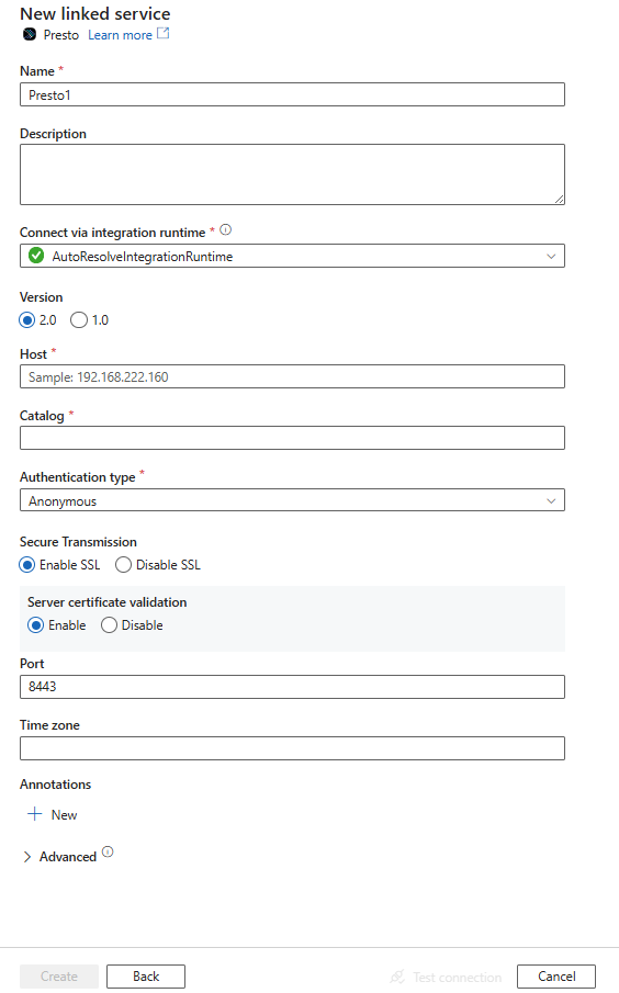 Screenshot of linked service configuration for Presto.