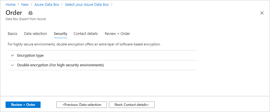 Screen capture showing the data fields on the Security tab for a Data Box export order.