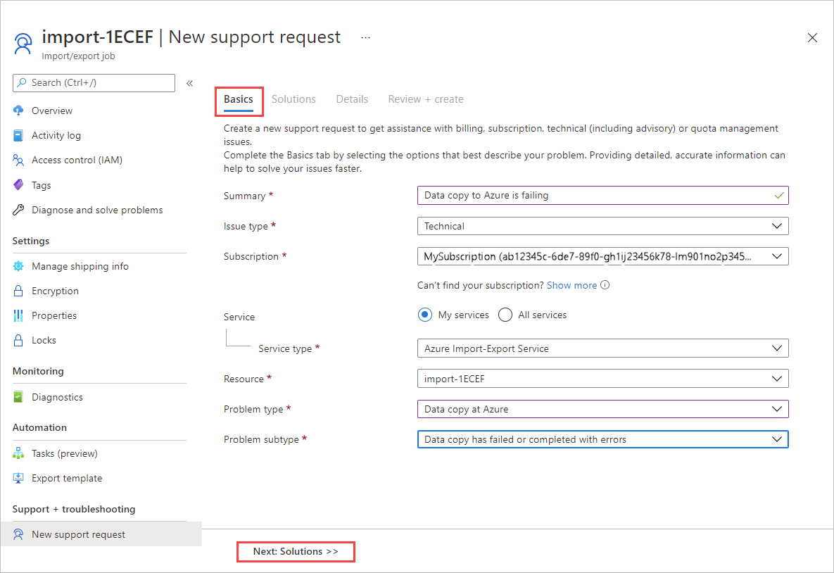 Screenshot showing info on the Basics screen for an Import/Export Service support request. The button that opens the Solutions tab is highlighted.