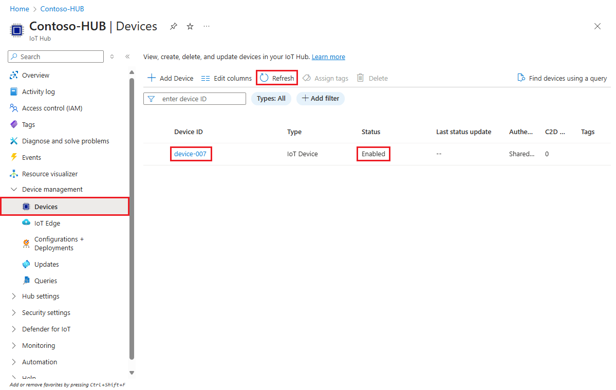 Screenshot showing that the device is registered with the IoT hub and enabled for the C example.