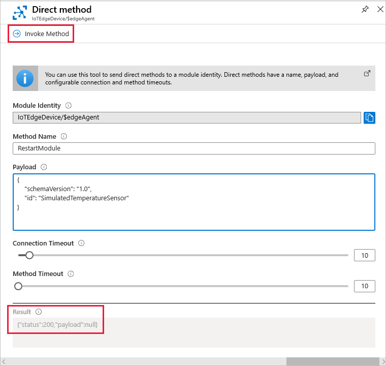 Screenshot of invoking the direct method RestartModule in the Azure portal.