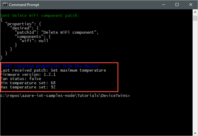 Screenshot that shows the back-end application receiving the device reported properties.