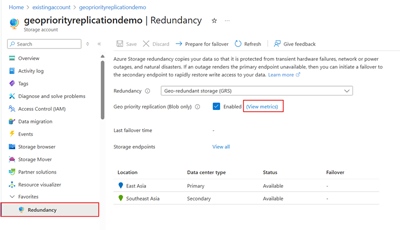 Screenshot showing the geo priority replication enabled status for existing accounts.