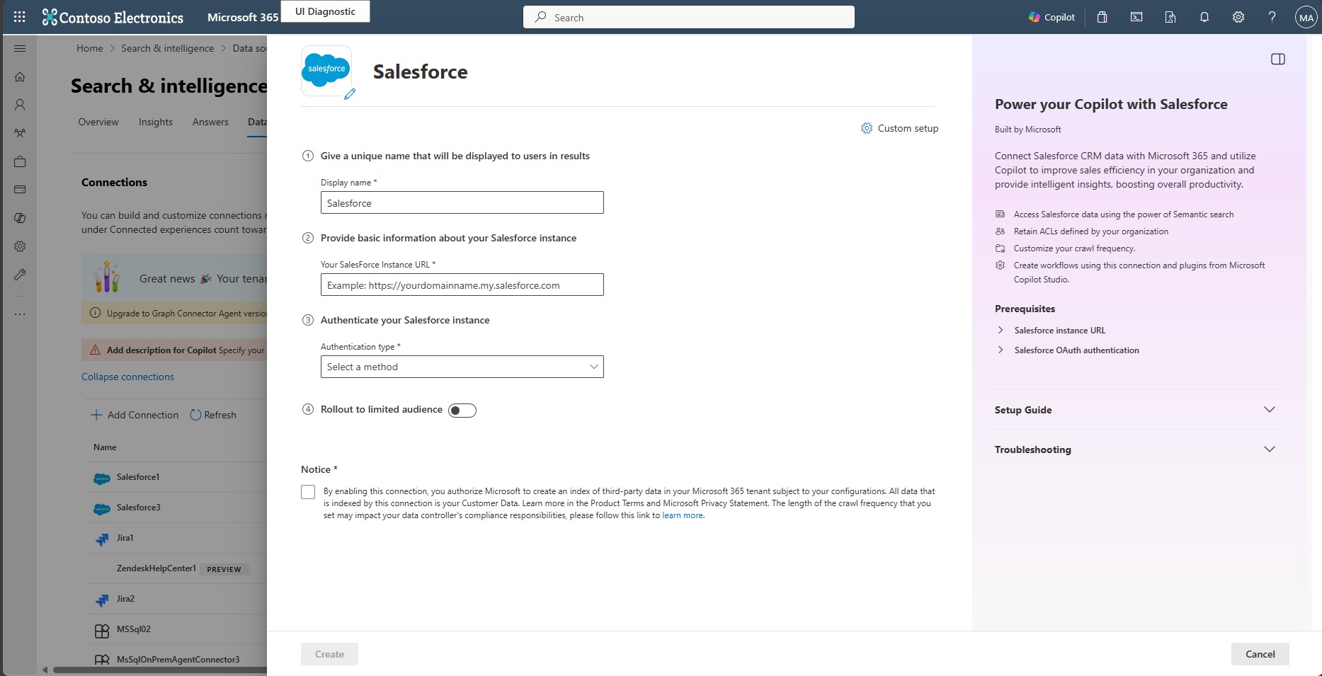 Screenshot that shows connection creation screen for Copilot Connector for Salesforce CRM.