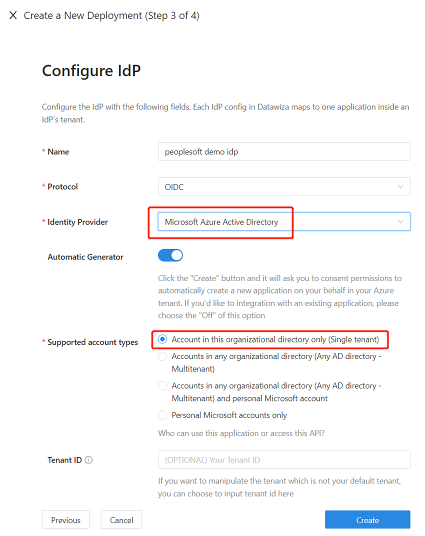 Screenshot of entries under Configure IDP.