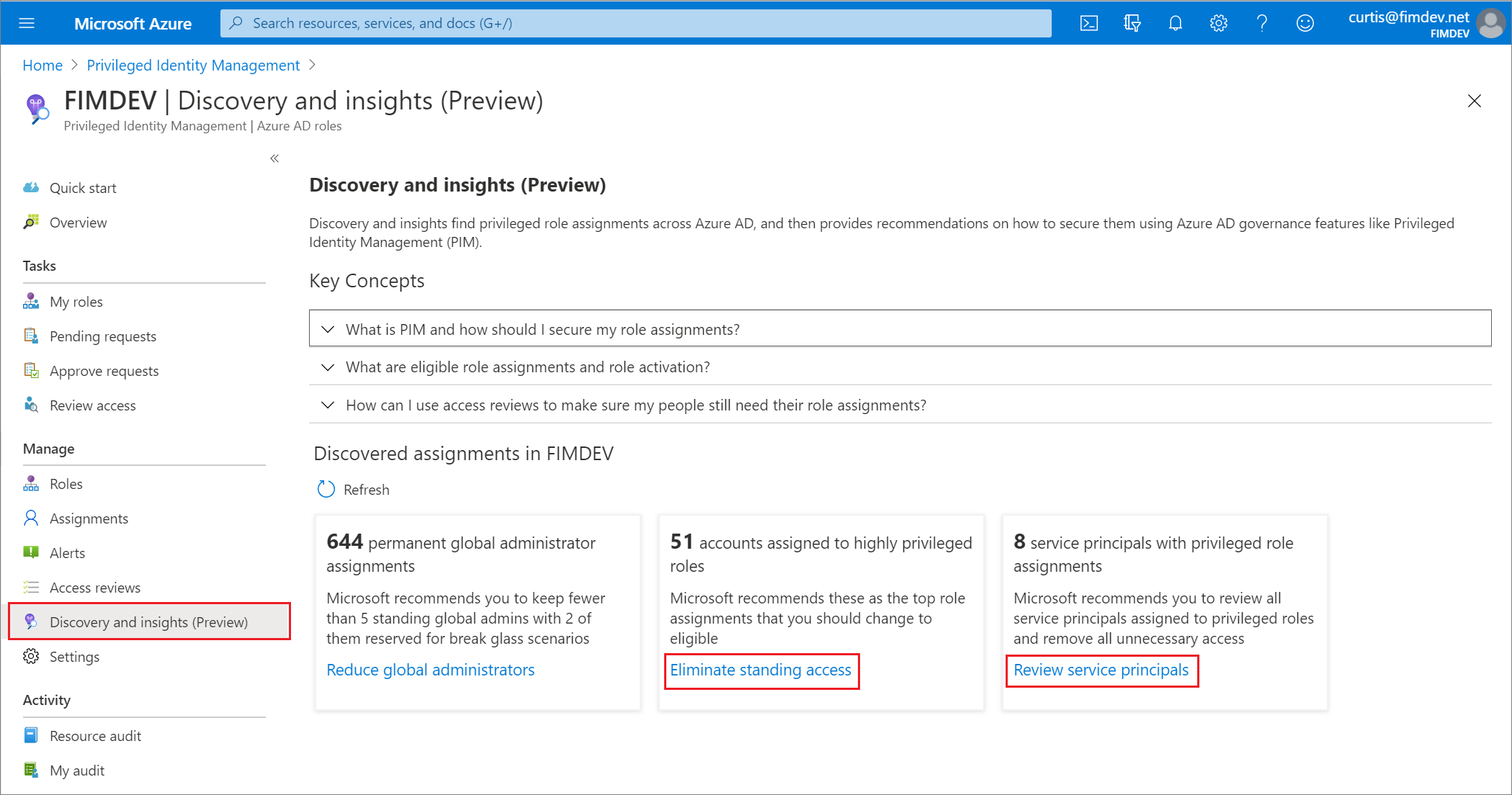 Additional Insights options to eliminate standing access and review service principals 