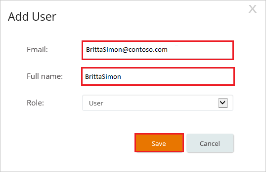Screenshot that shows the "Add User" dialog with the "Email" and "Full name" text boxes highlighted, and the "Save" button selected.