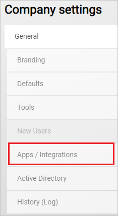Screenshot shows Apps / Integrations selected from Company settings.