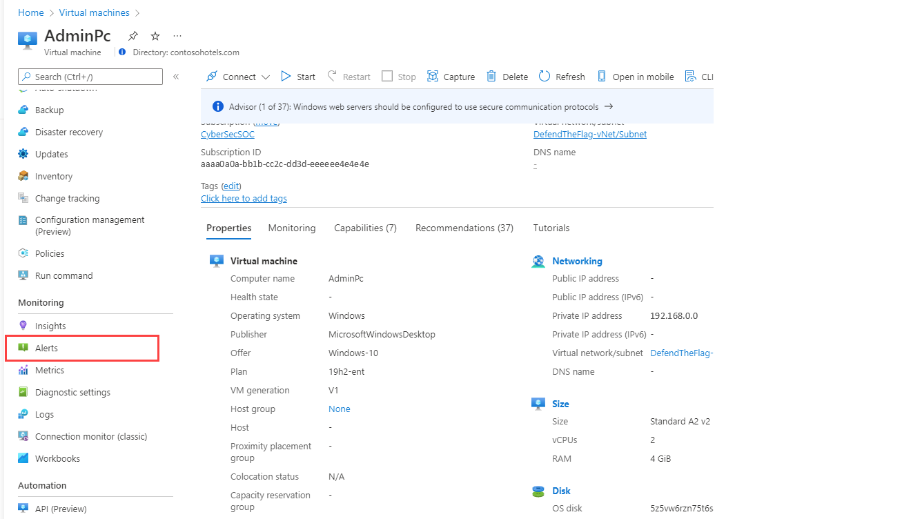 Screenshot that shows Alerts on the menu of a resource in the Azure portal.