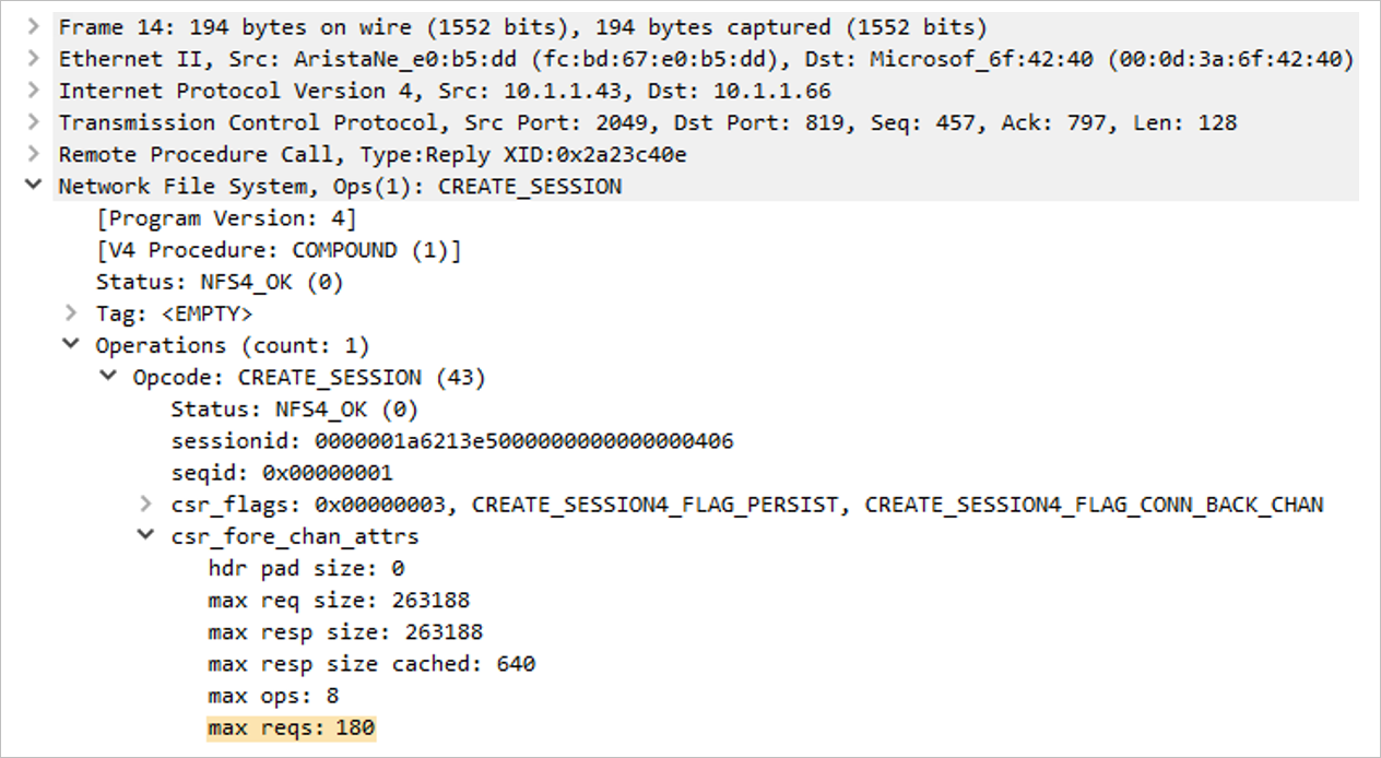 Screenshot that shows max session slots for Packet 14.