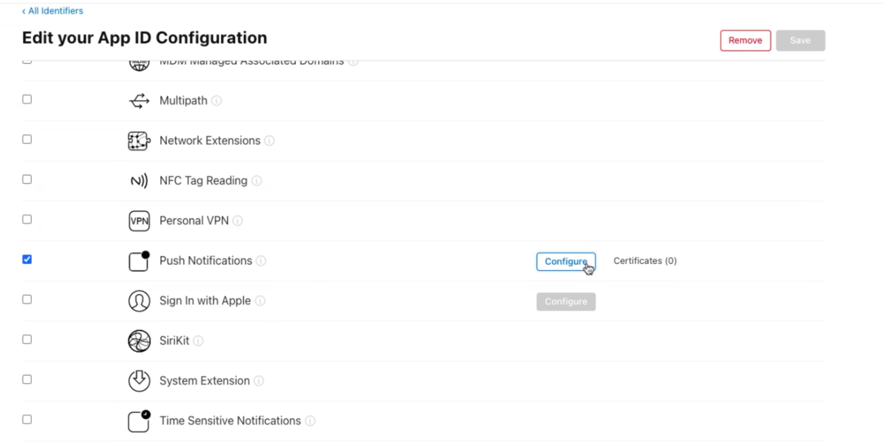 Screenshot that shows options for editing an app ID configuration.