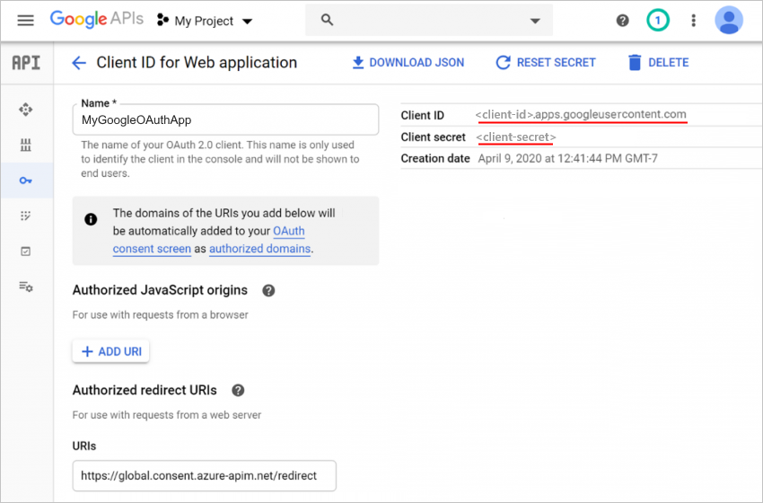 Client ID and client secret for your Google client app