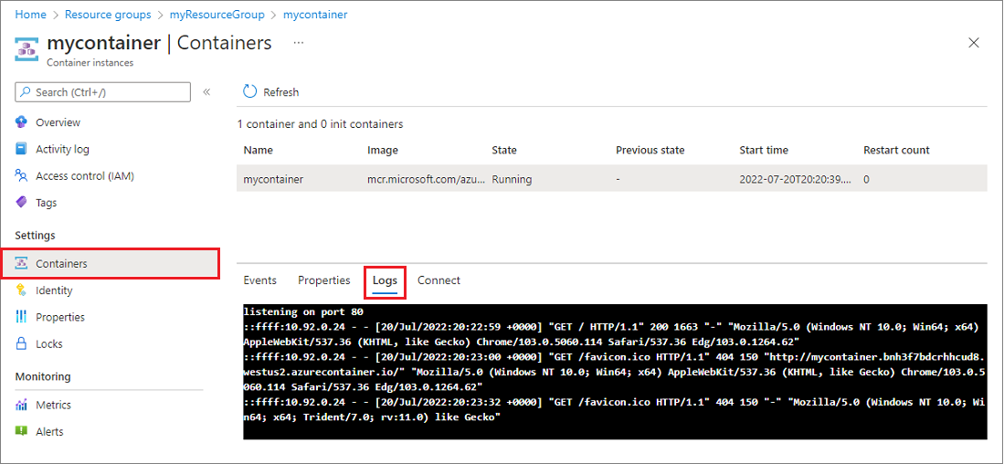 Container logs in the Azure portal