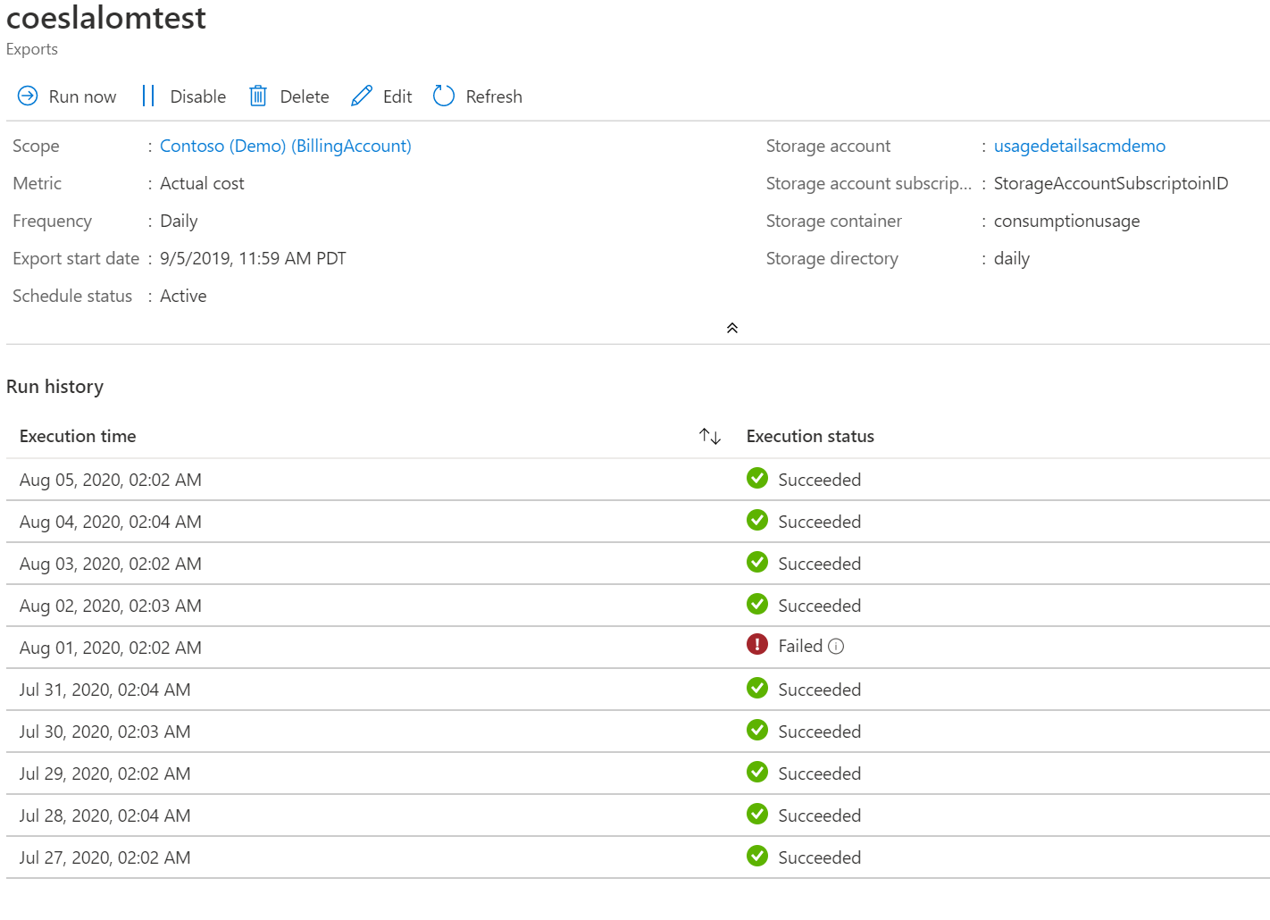 Screenshot shows the run history of an export.