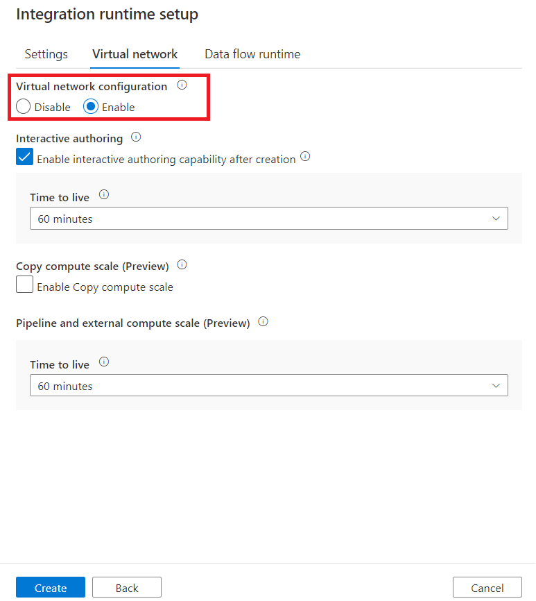 Screenshot of enabling managed virtual network in integration runtime