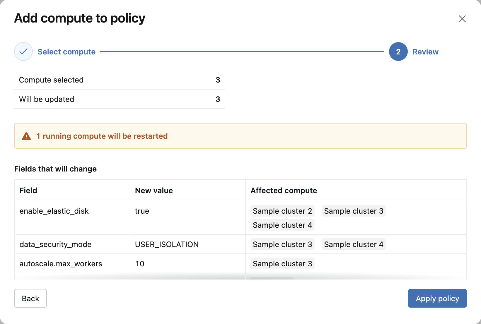 Modal previews changes that will be made to the compute
