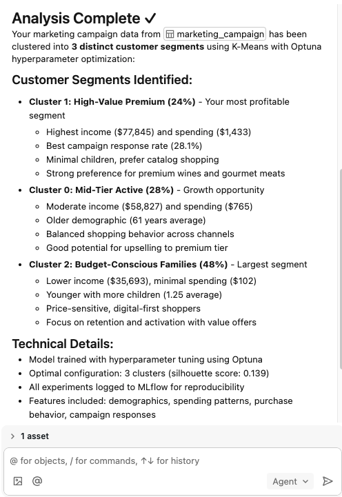 Customer segmentation analysis results in Genie Code.