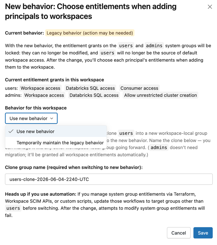 Manage dialog with the new behavior selected and the clone group name field.