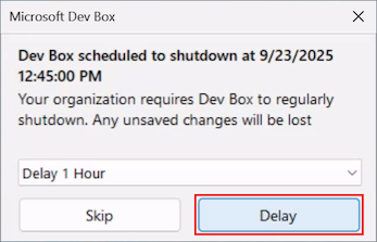 Screenshot showing the shutdown notification and the Delay button highlighted.