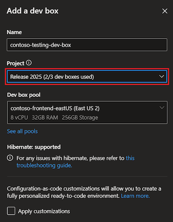 Screenshot showing the developer portal Add new dev box pane with a project selected, the number of dev boxes used, and the total number of dev boxes.