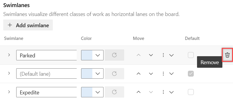 Screenshot showing board settings dialog, Remove a swimlane.