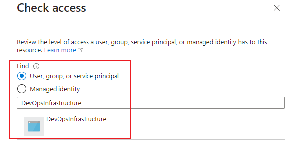 Screenshot that shows how to select the AzureDevOpsInfrastructure principal.