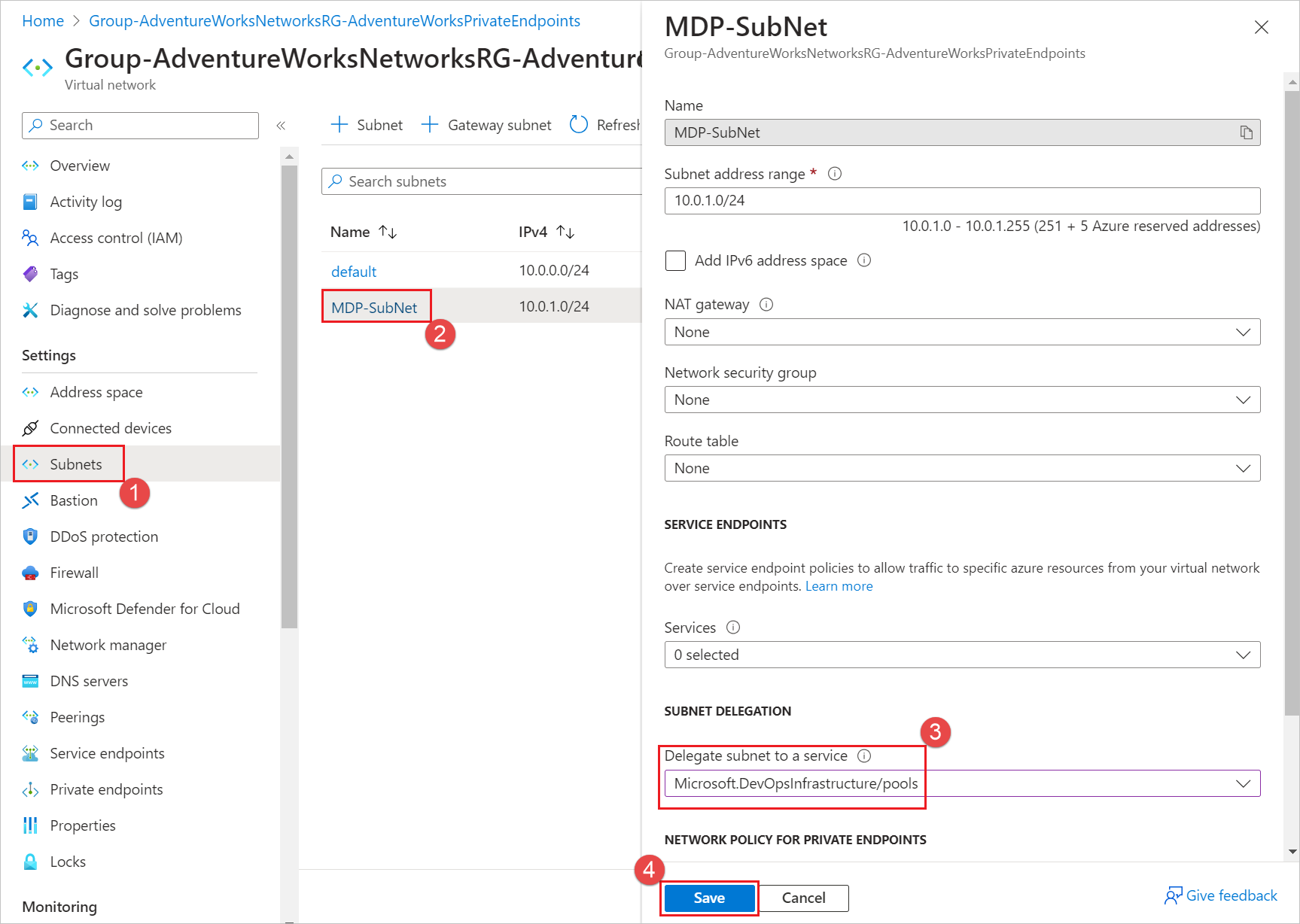 Screenshot that shows how to configure the subnet delegation.