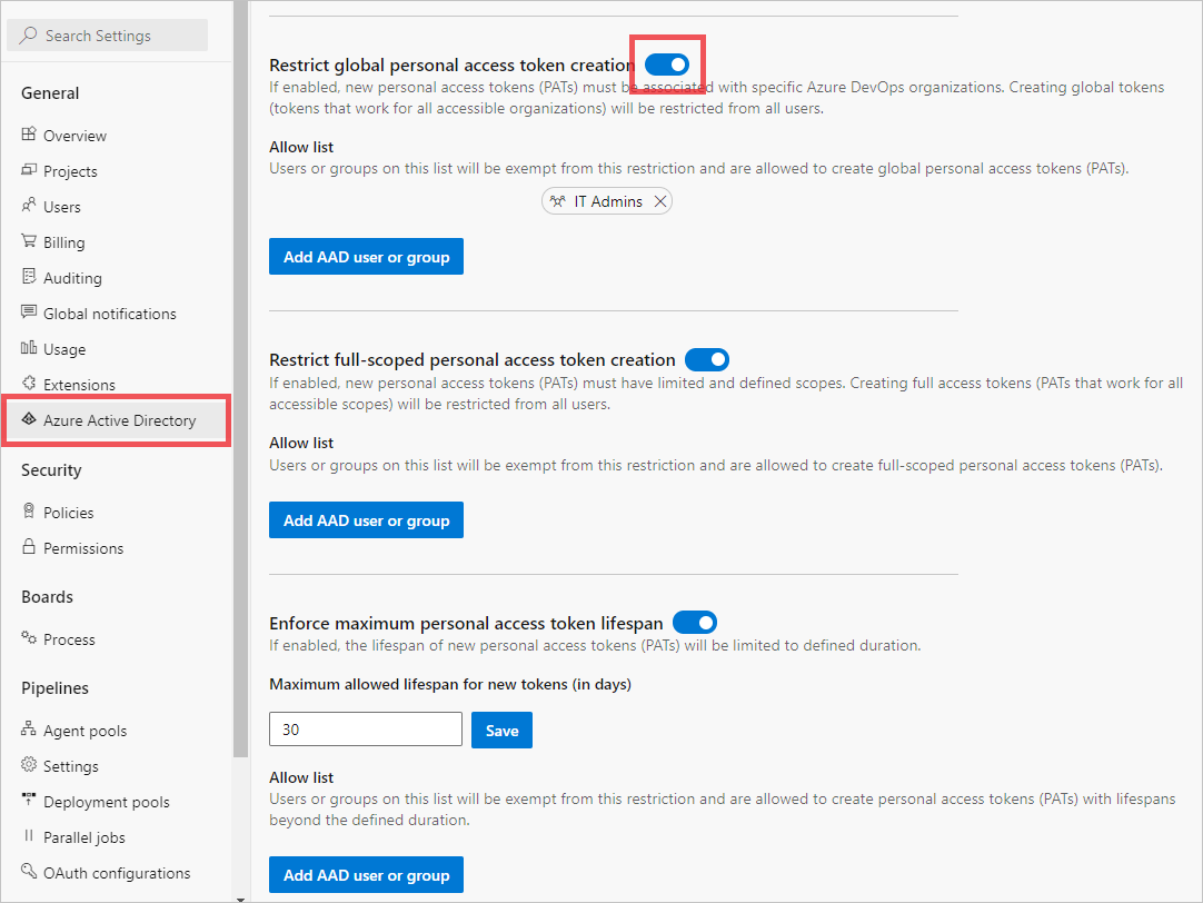 Screenshot of toggle moved to on position for Restrict global PAT creation policy.