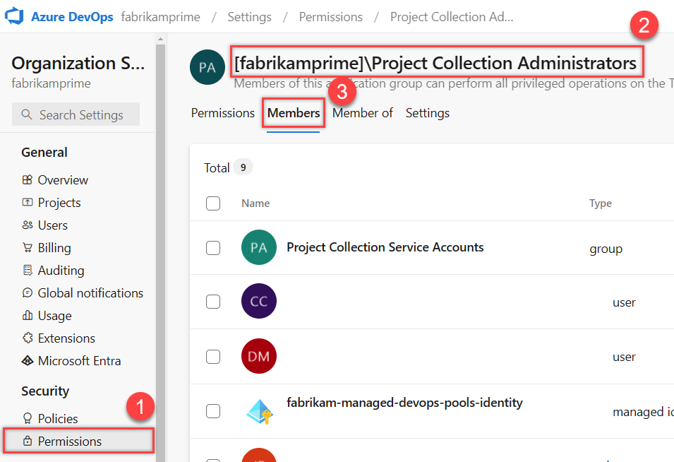 Screenshot of Security, Project Collection Administrators group, Members tab.