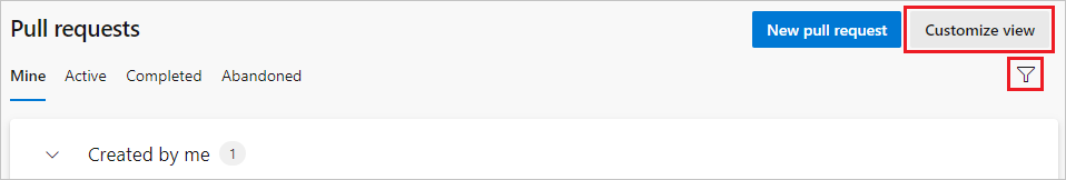 Screenshot showing the Customize view button on the Pull requests page.