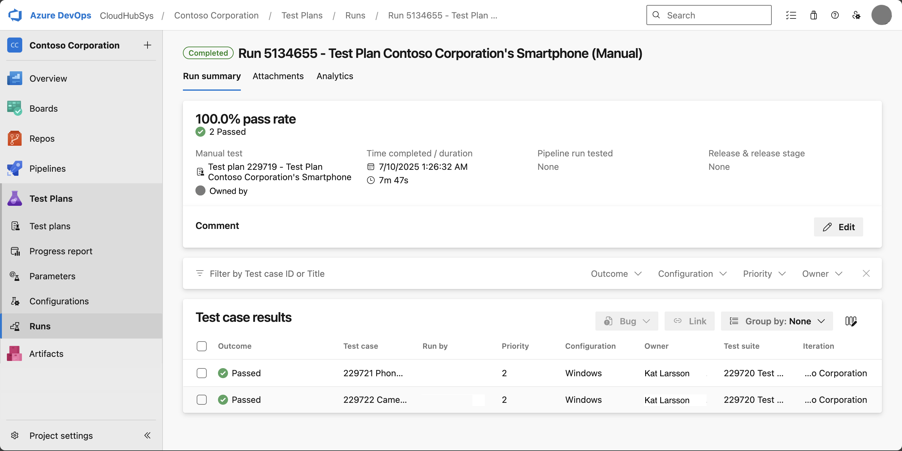 Screenshot of the main test run view showing summary information and test case results.