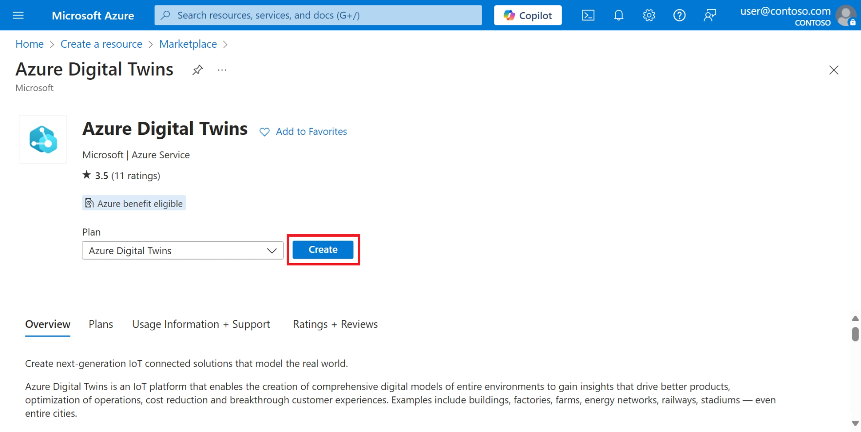 Screenshot of the Azure portal, highlighting the 'Create' button from the Azure Digital Twins service page.