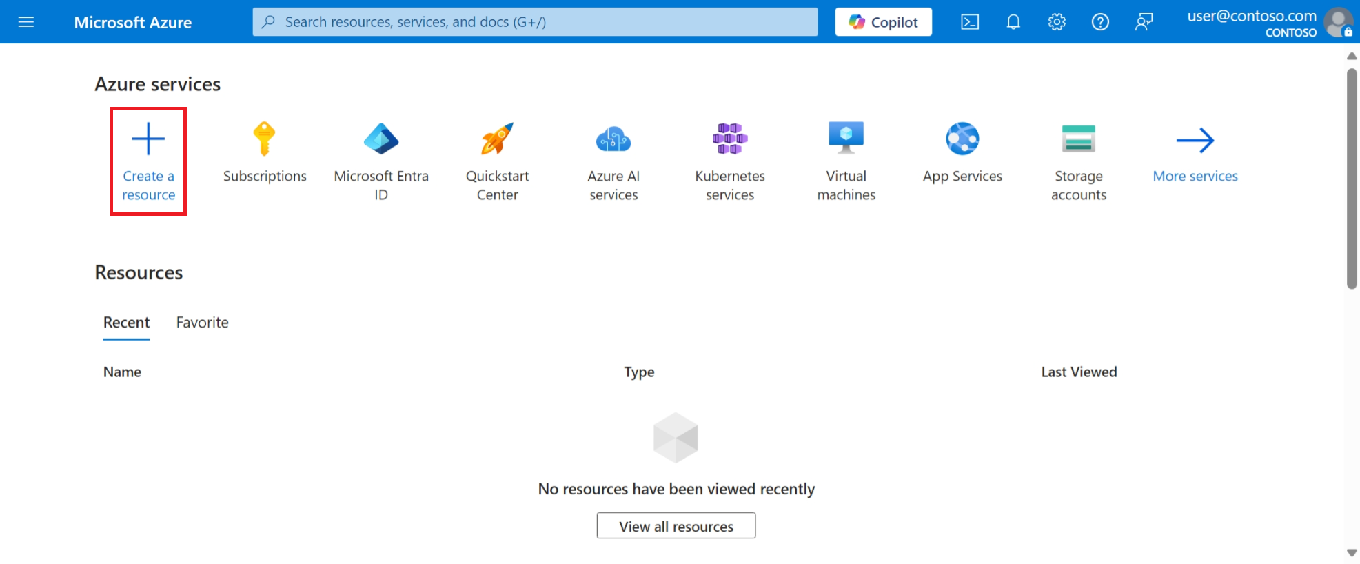 Screenshot of the Azure portal, highlighting the 'Create a resource' icon from the home page.