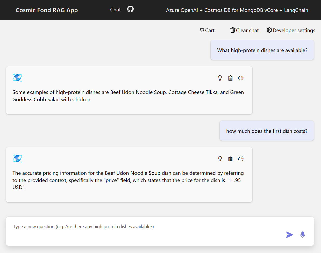 Screenshot of sample outputs for the Cosmic Food app.
