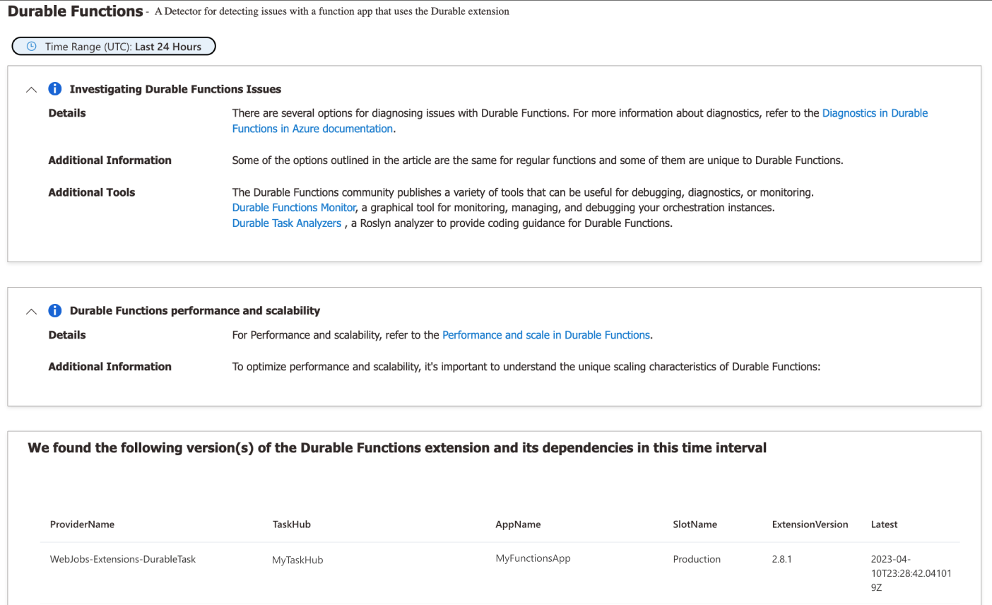 Screenshot of the Durable Functions detector showing extension version, performance issues, and warnings.