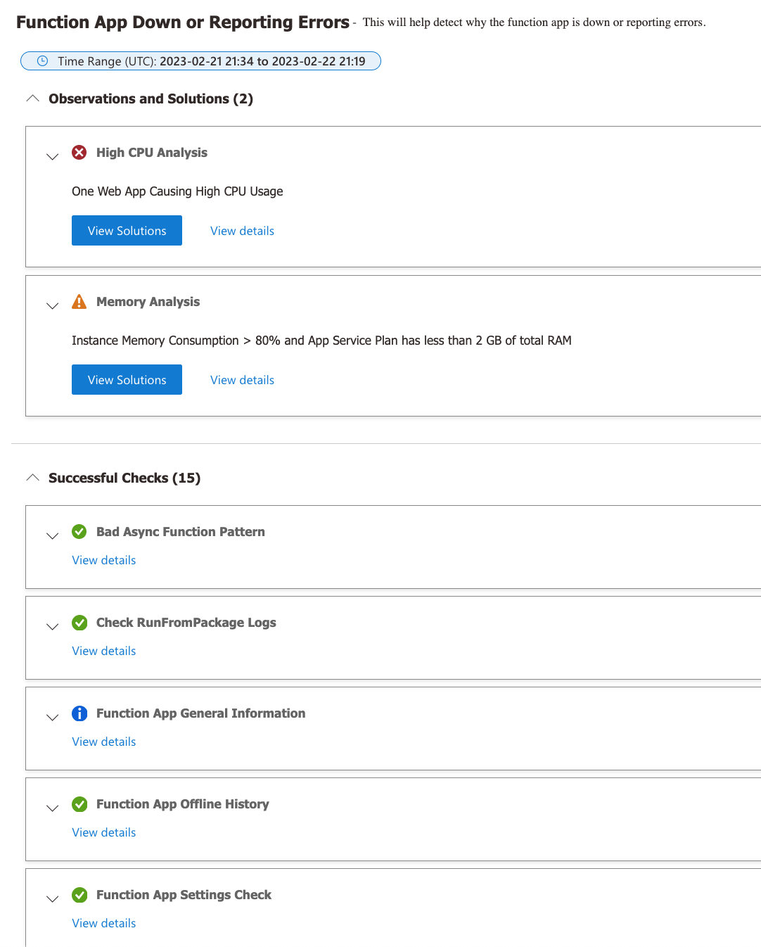 Screenshot of the Functions App Down or Report Errors detector showing checks and issues requiring attention.