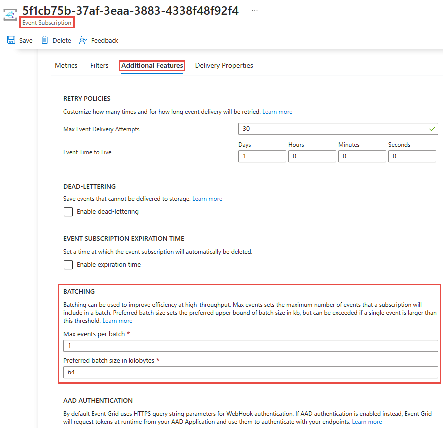 Screenshot sowing the Additional Features tab of Event Subscription page with Batching section highlighted. 