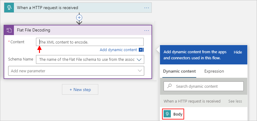 Screenshot showing the Consumption workflow designer and "Content" property with dynamic content list and content selected for decoding.