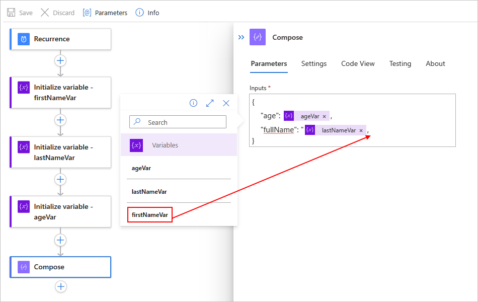 Screenshot showing the designer for a Standard workflow, the "Compose" action, and the selected inputs to use.