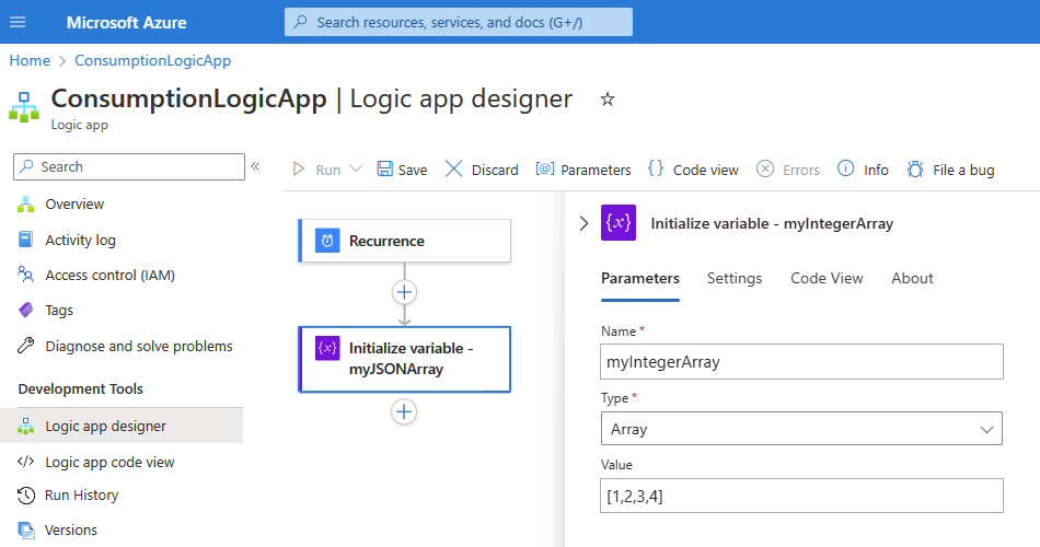 Screenshot showing the Azure portal and the designer with a sample Consumption workflow for the "Select" action.