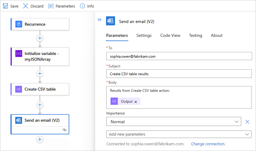 Screenshot showing a Standard workflow with the "Send an email" action and the "Output" field from the preceding "Create CSV table" action entered in the email body.