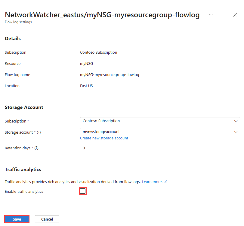 Screenshot of enabling traffic analytics for a flow log in the Azure portal.