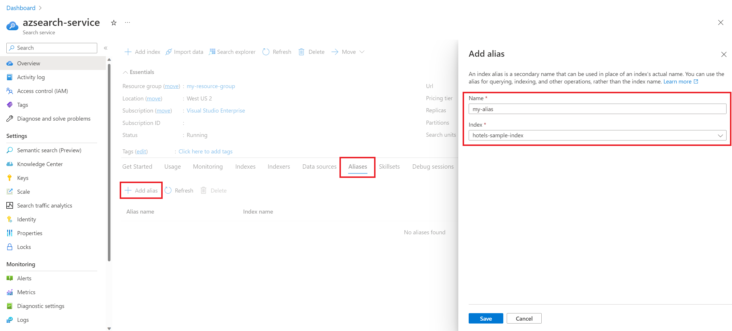 Screenshot creating an alias in the Azure portal.