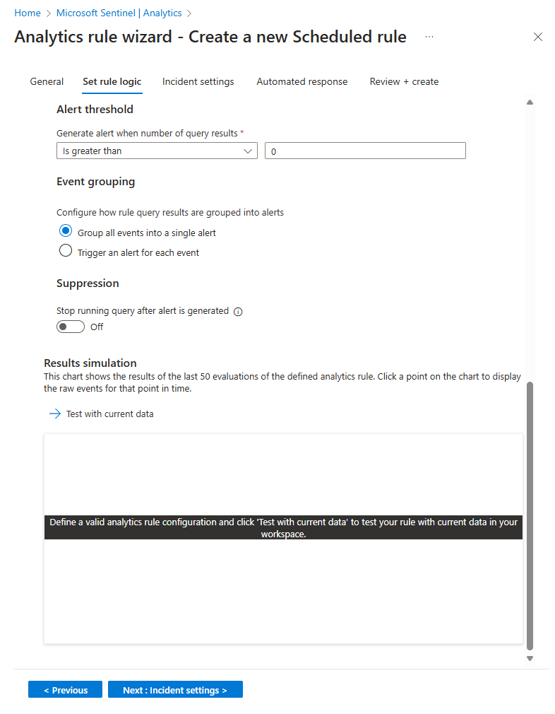 Screenshot of second half of set rule logic tab in the analytics rule wizard in the Azure portal.